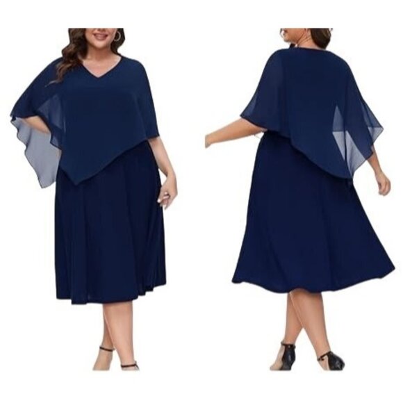 Dress Tells Dresses & Skirts - Elegant Navy Blue Chiffon Cape Overlay Dress Asymmetrical Sheath Design Size 2XL